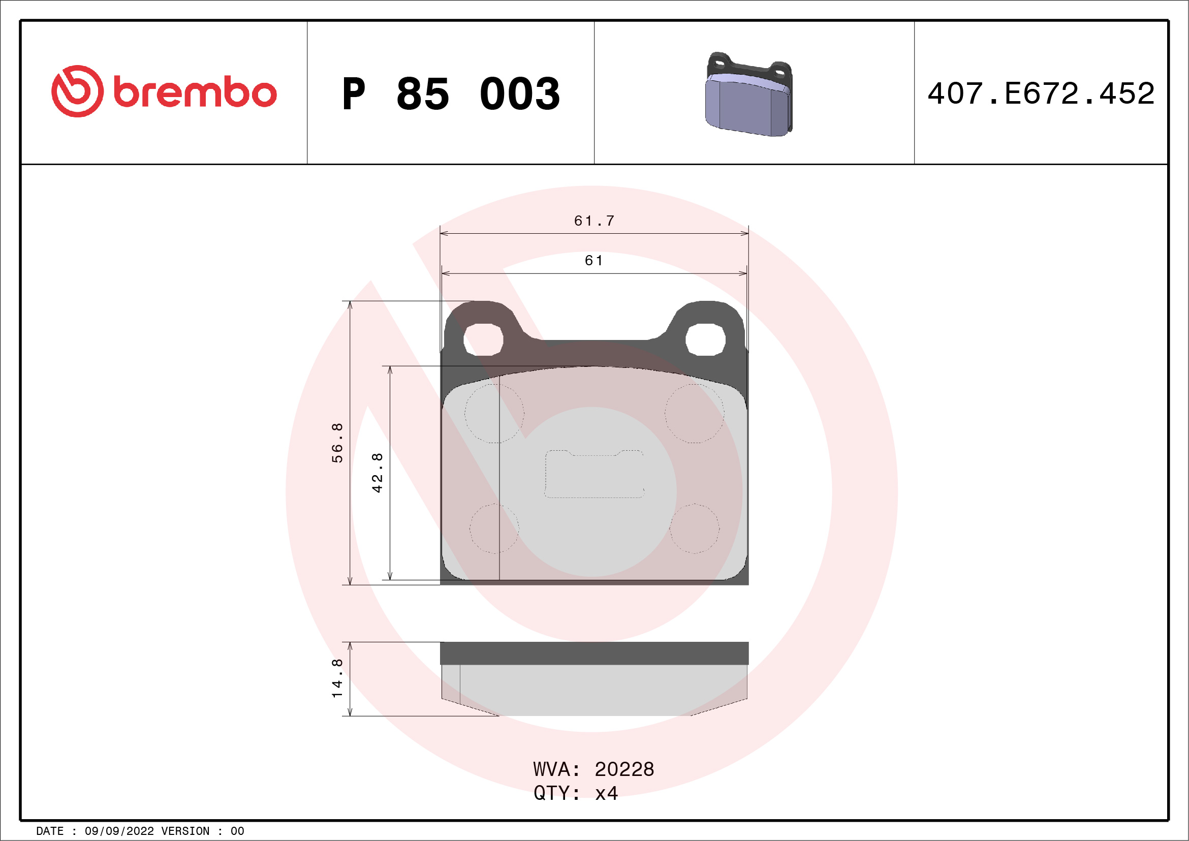 A.B.S. P 85 003 BREMBO Bremsbelagsatz, Scheibenbremse